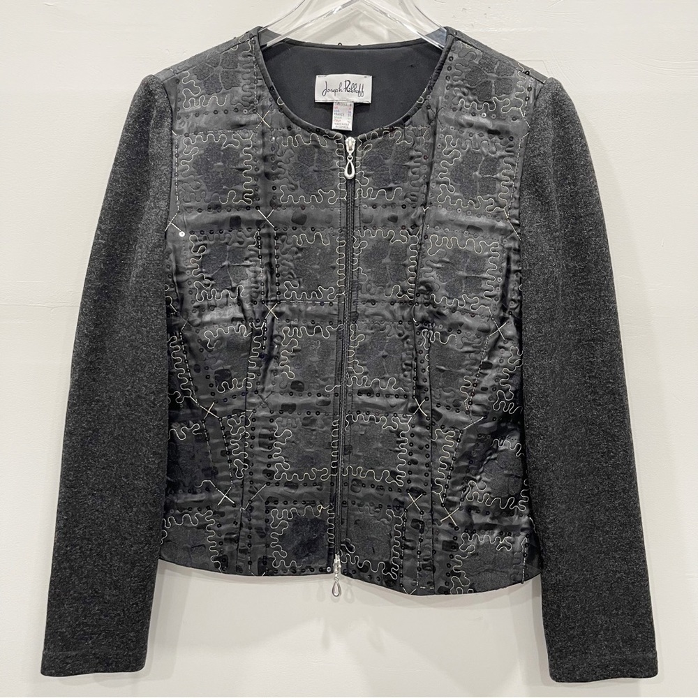 Joseph Ribkoff Veston Jacket Full-Zip Wool Blend Patchwork Sequin Embroidered